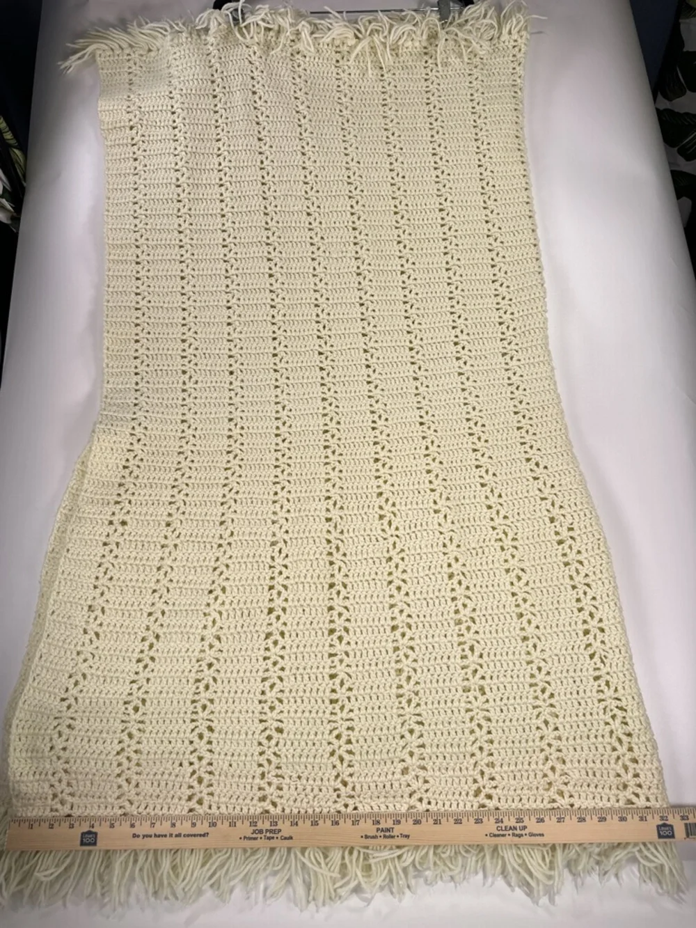 Handmade Cream Crochet Fringe Square Throw Blanket Boho 52x52